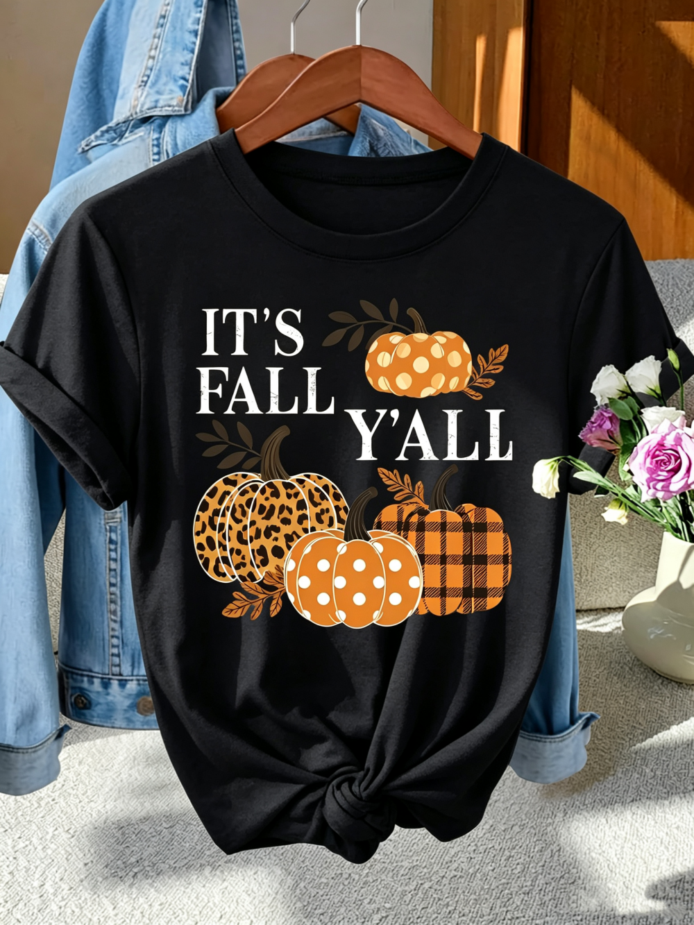 Women's It's Fall Y'all Graphic T-Shirt,  Autumn Short Sleeve Crew Neck Tee