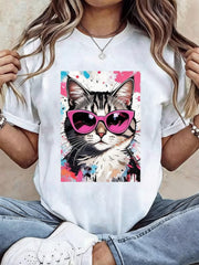 Cool Cat T-Shirt Pink Sunglasses Graffiti Art Print Cartoon Cat Lover Tee Top