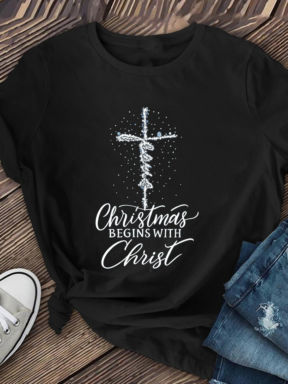 Christmas Begins With Christ T-Shirt Cross Christian Holiday Graphic Tee
