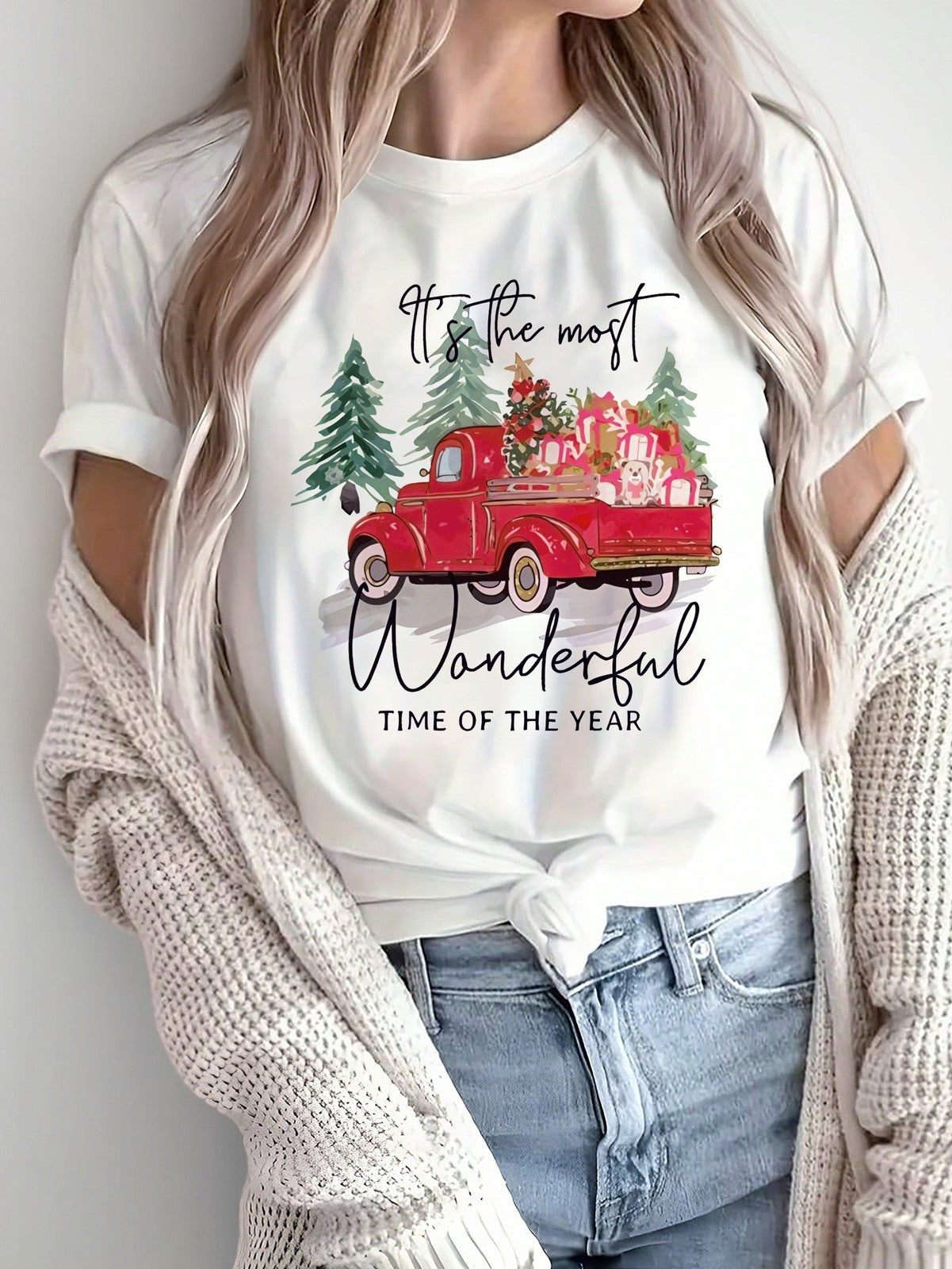 White Christmas Graphic T-Shirt Women's Red Truck Print "Wonderful Time" Tee