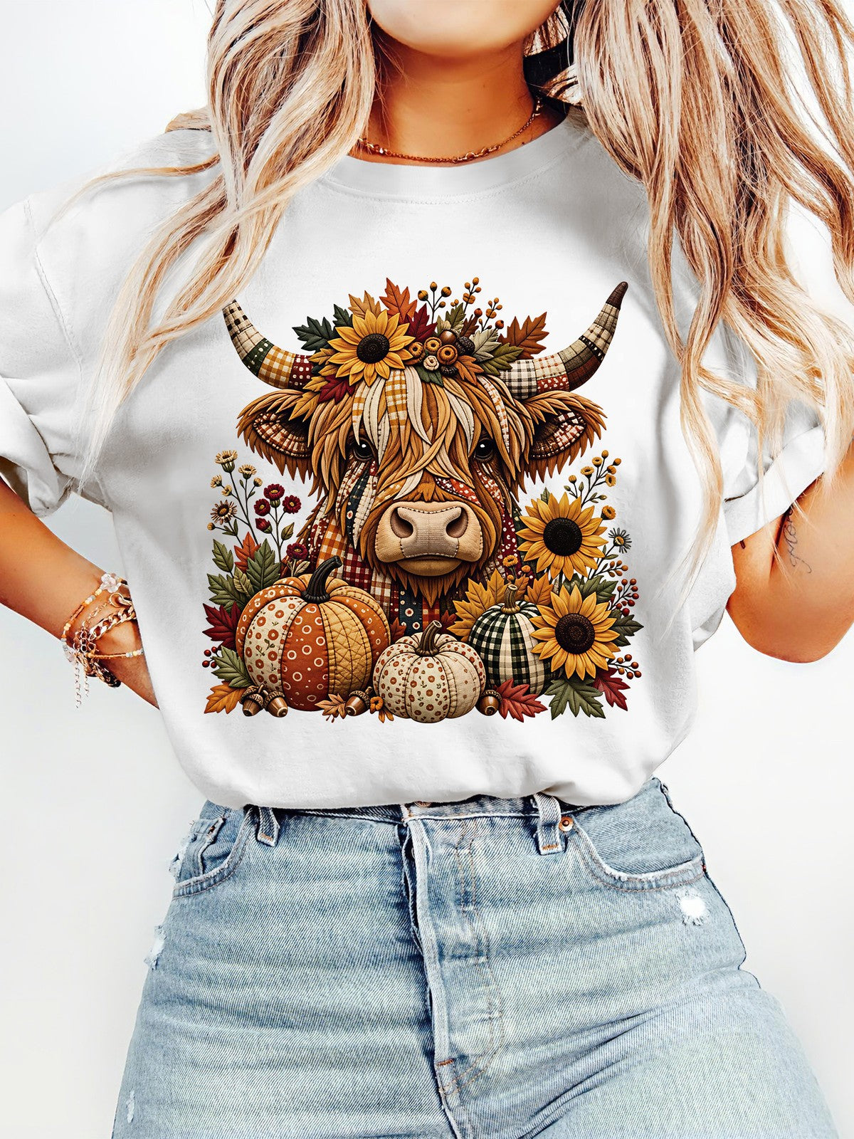 Women's Fall Highland Cow Pumpkin Sunflower Maple Leaf Autumn T-Shirt