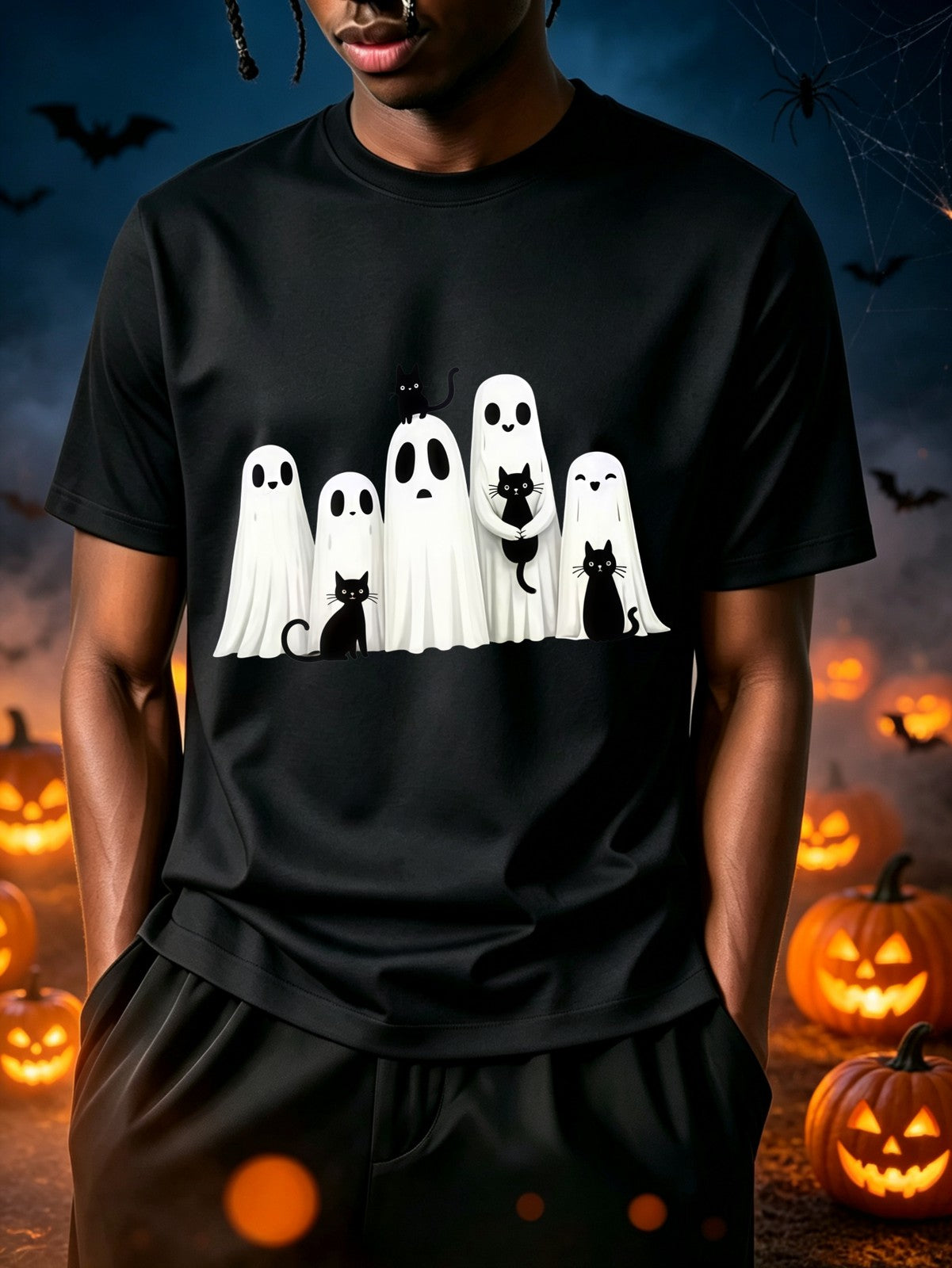Halloween Black Cat Pattern T-Shirt, Men's Vintage Cute Style