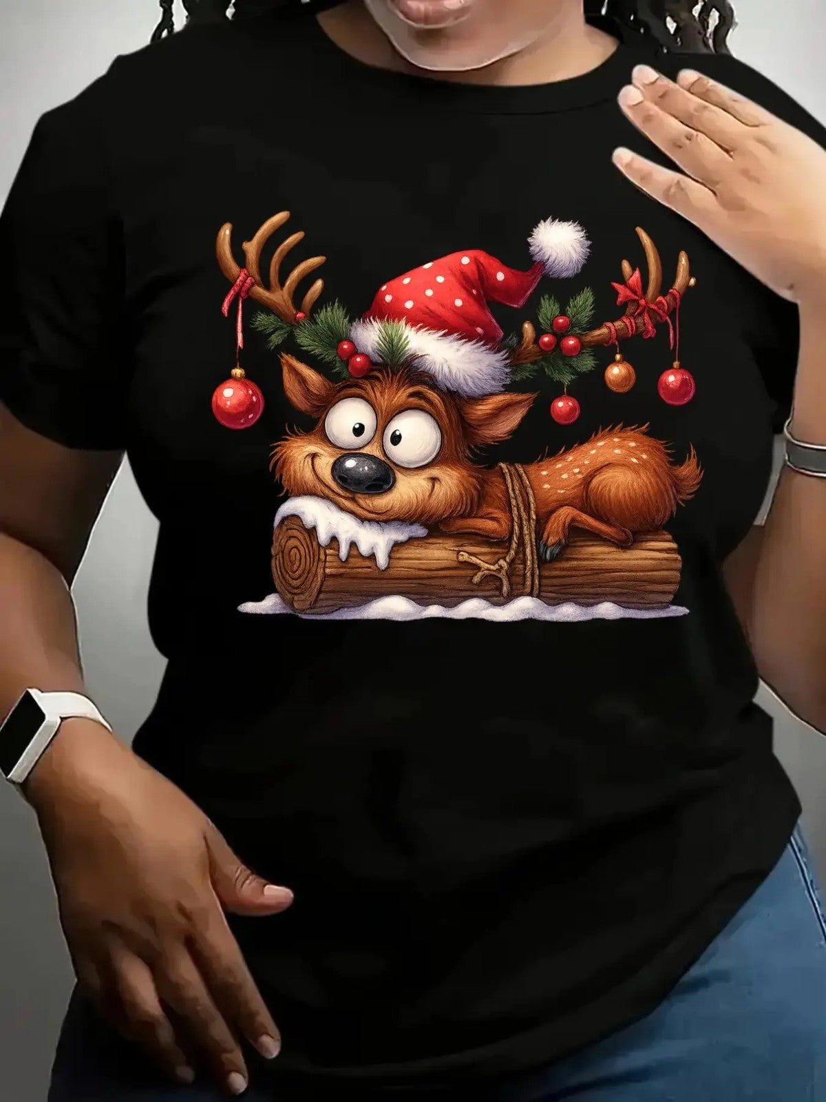 Cute Christmas Reindeer Santa Hat Graphic TShirt Casual Short Sleeve Holiday Tee