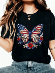 American Flag Butterfly Floral Print Casual Round Neck Short Sleeve T-Shirt