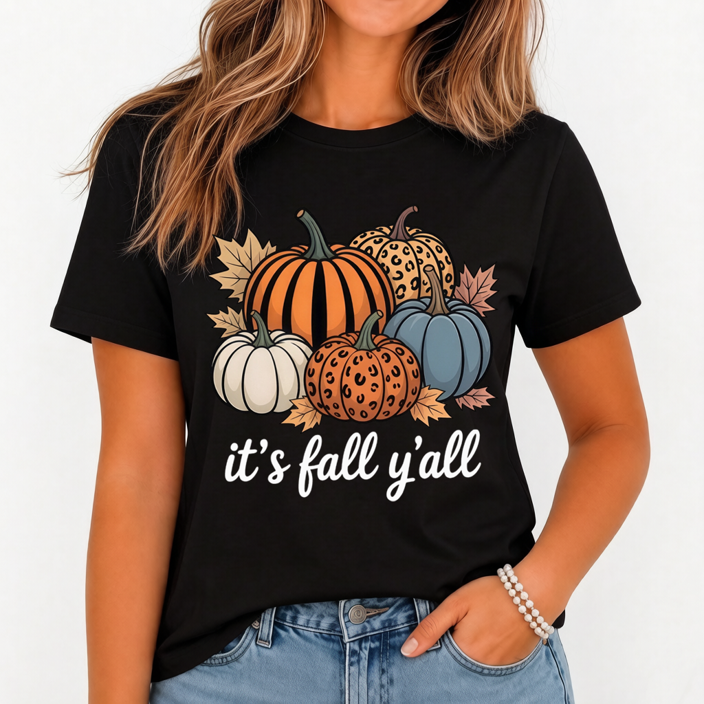 Women's It's Fall Y'all T-Shirt, Leopard Print Pumpkin Maple Leaf Graphic Tee