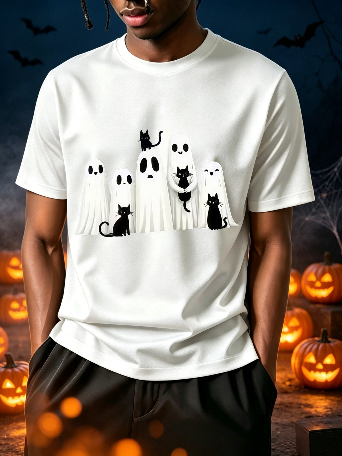 Halloween Black Cat Pattern T-Shirt, Men's Vintage Cute Style