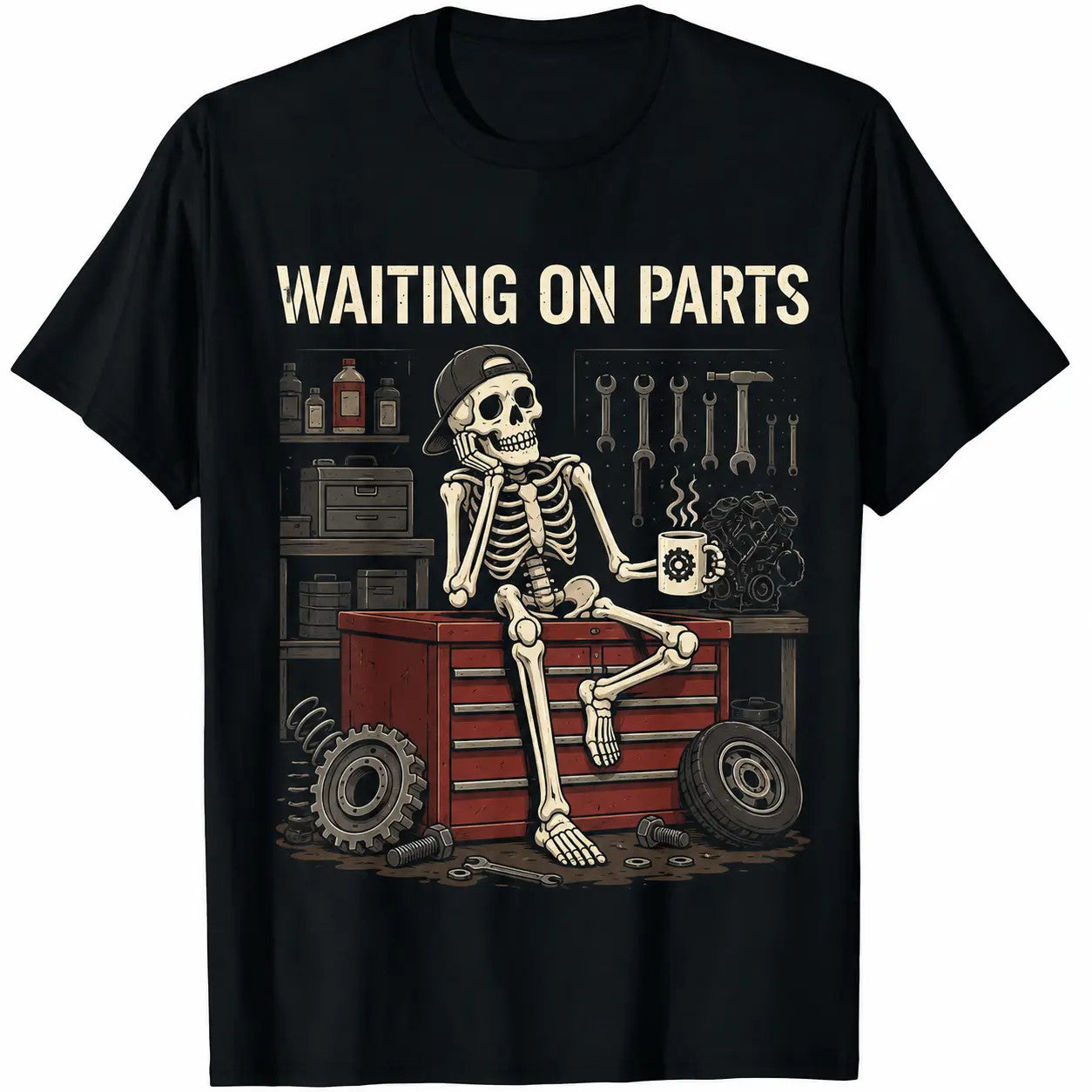 Waiting On Parts Funny Skeleton Auto Mechanic Technician T-Shirt For Men Women