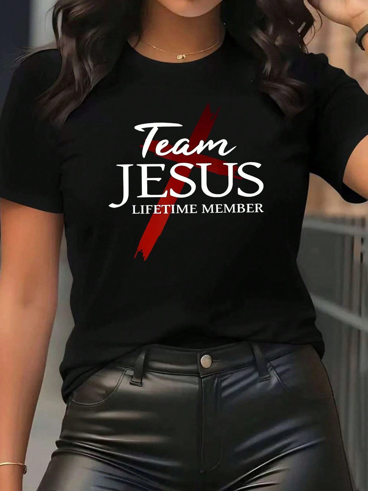 Plus Size Women's TEAM JESUS Printed Short-Sleeve Round-Neck T-Shirt