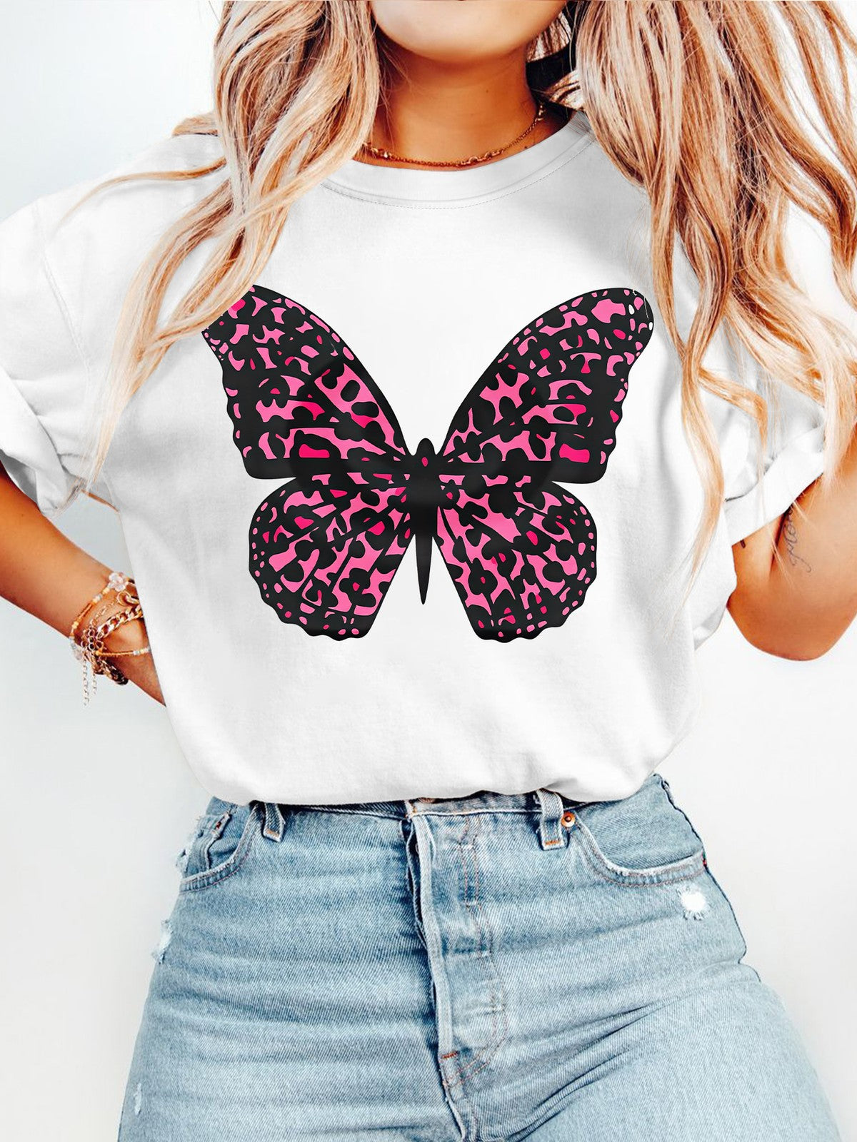 Black & Pink Leopard Print Butterfly Suitable Round Neck TShirt