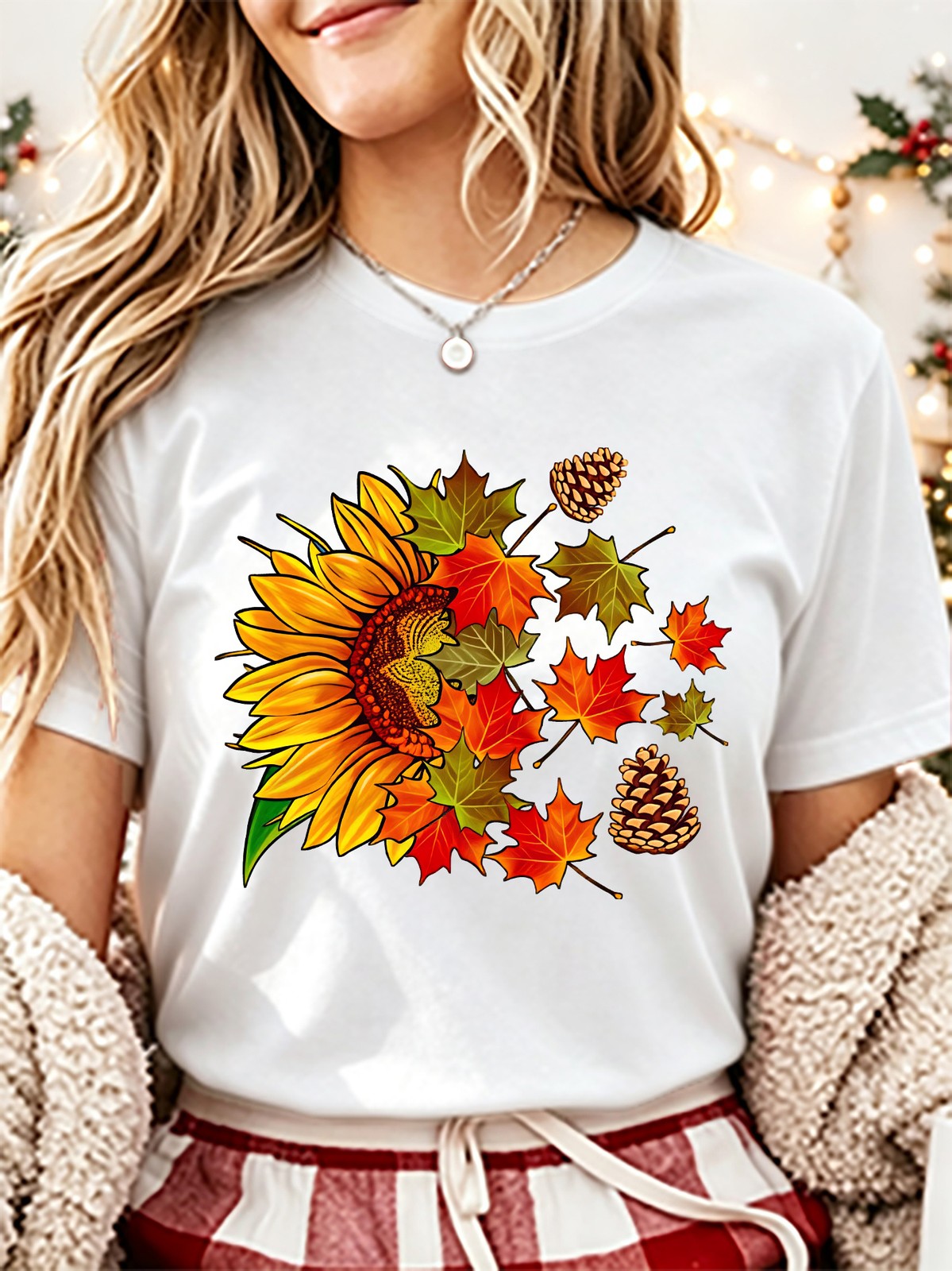 Pinecone and Autumn Leaf Print Vintage Crew Neck Casual Top