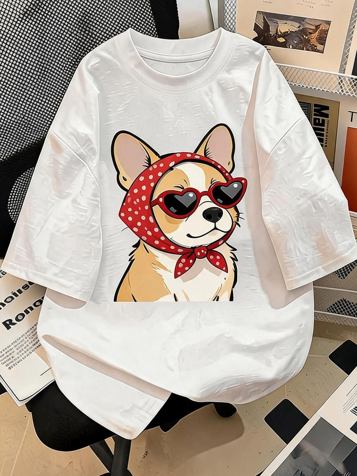 Cute Corgi T-Shirt Heart Sunglasses Red Bandana Cartoon Dog Tee Casual Top