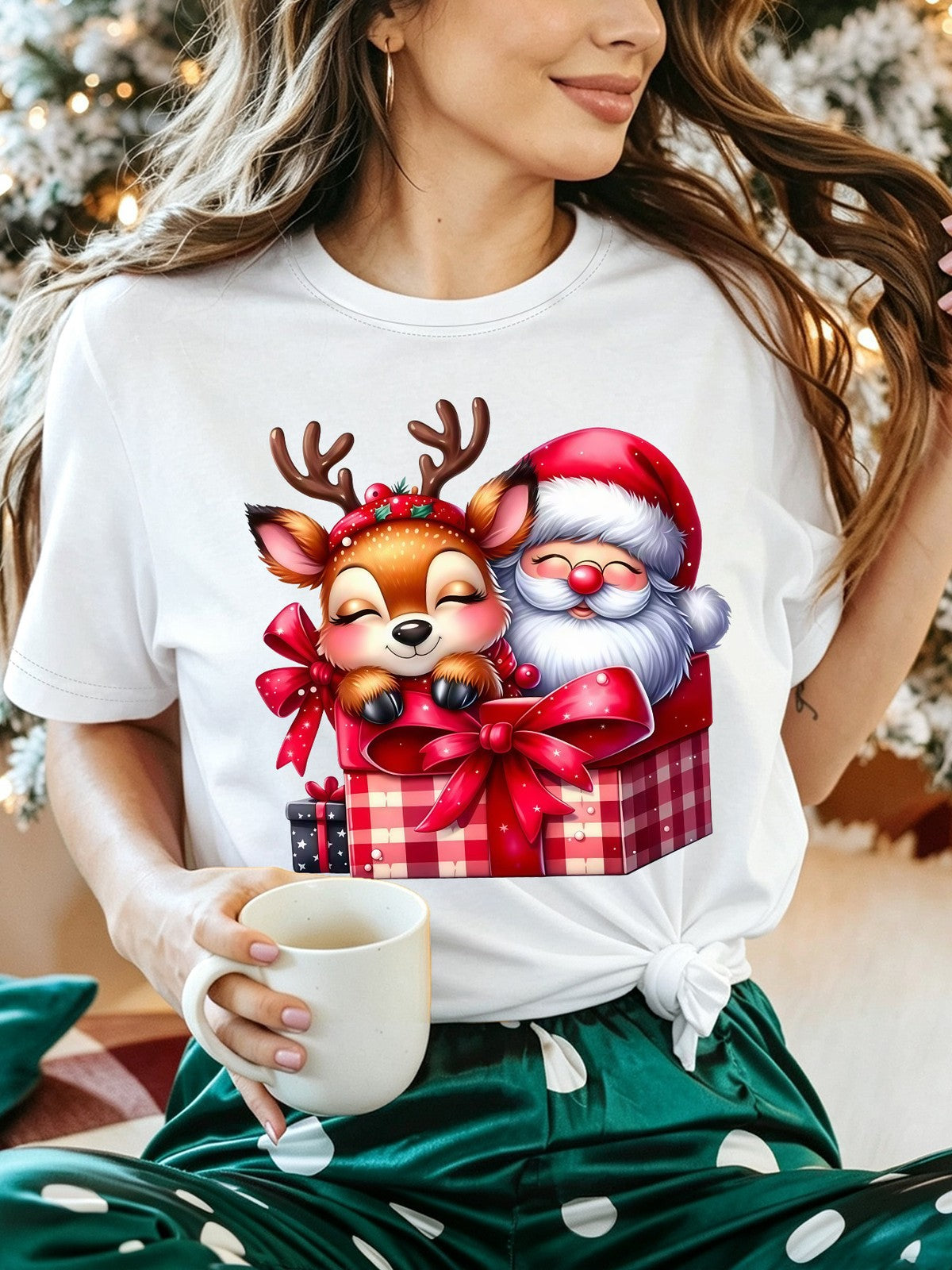 Retro Santa & Reindeer Print T-Shirt Short Sleeve Crew Neck Top