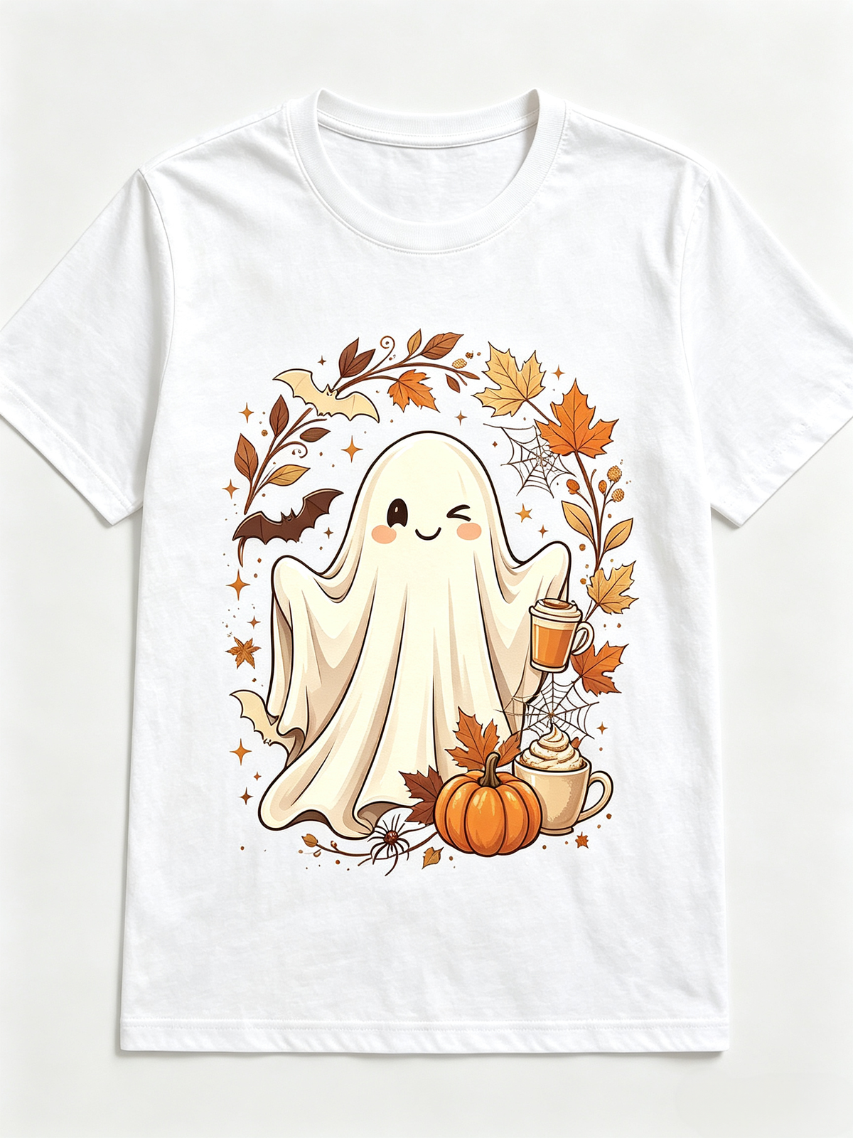 Cute Winking Ghost Pumpkin Spice Coffee TShirt Fall Maple Leaf Bat Spider Web