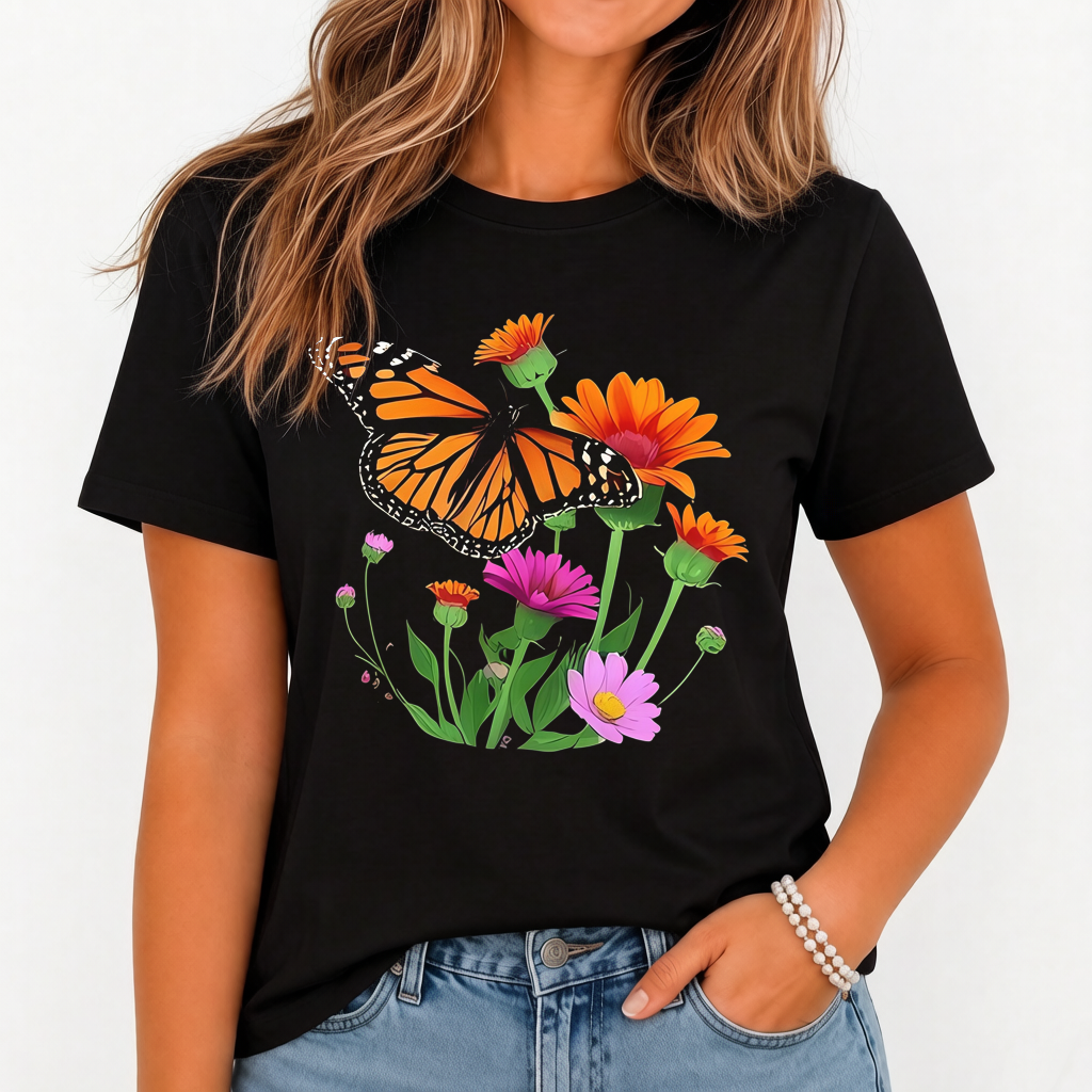 Vibrant Monarch Butterfly T-Shirt for Women - Spring Floral Design