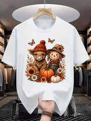 Highland Cow Scarecrow TShirt Pumpkin Sunflower Butterfly Short Sleeve Tee