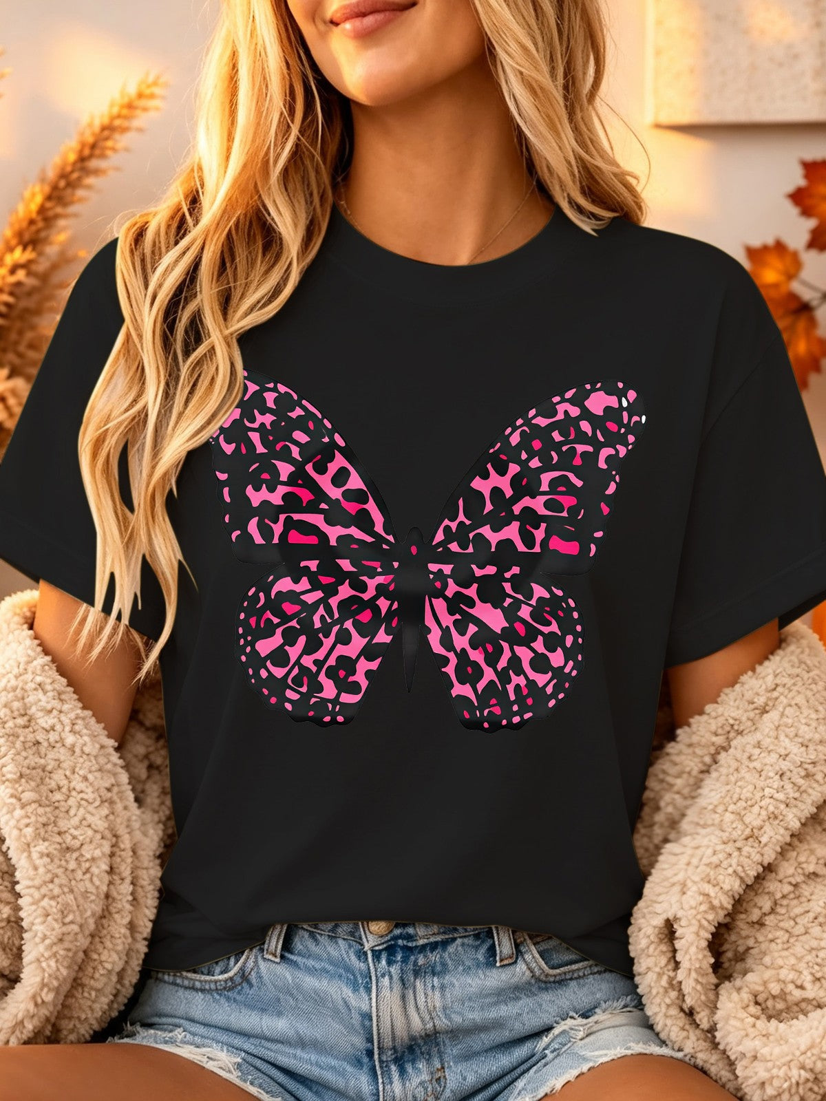 Black & Pink Leopard Print Butterfly Suitable Round Neck TShirt