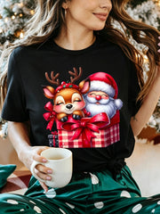 Retro Santa & Reindeer Print T-Shirt Short Sleeve Crew Neck Top