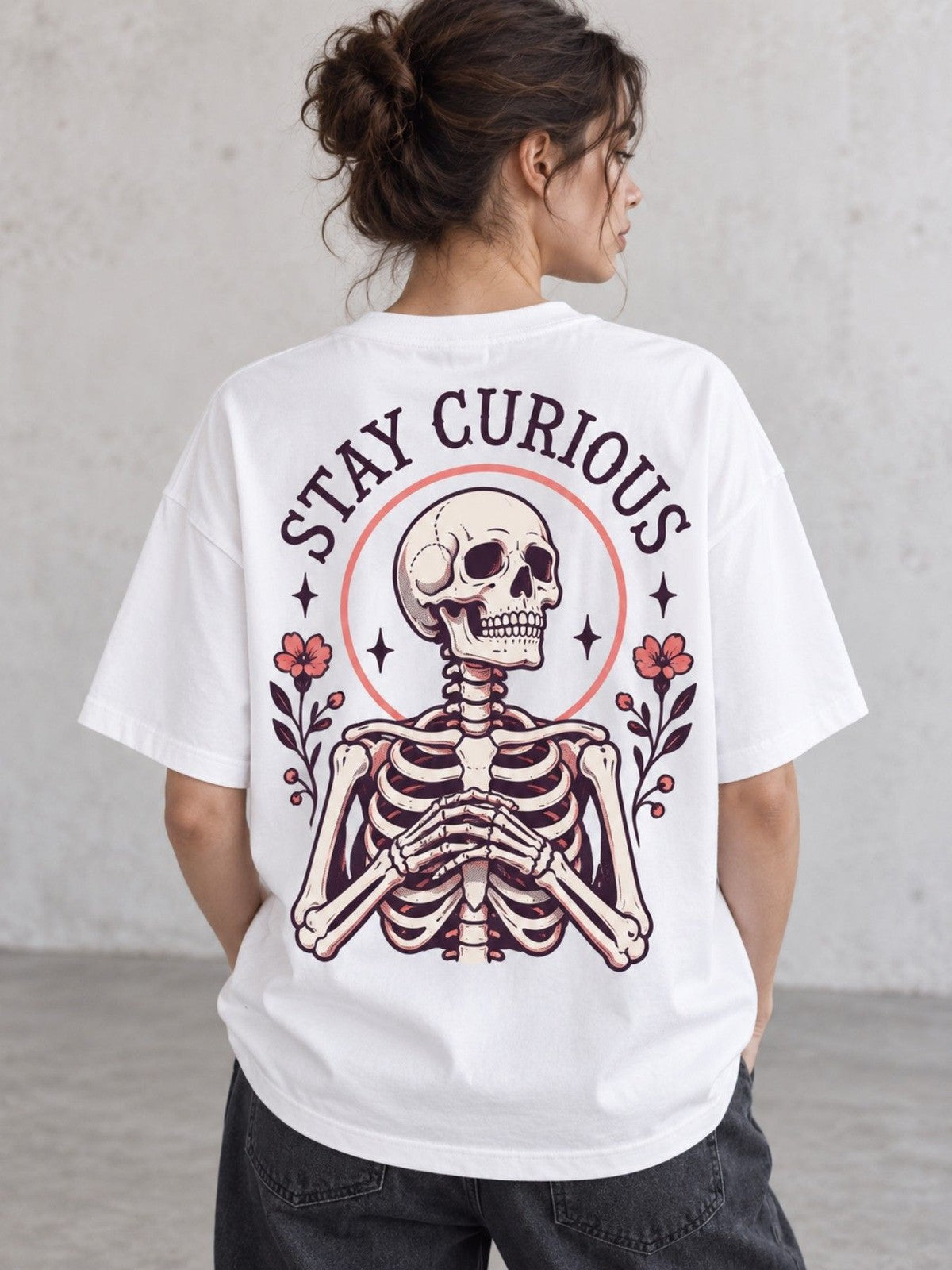Women's Oversized Graphic T-Shirt, Stay Curious Skeleton Floral Print