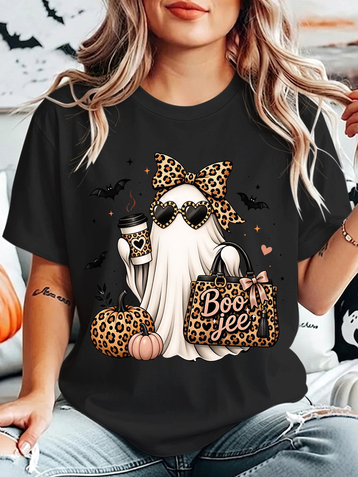 Halloween Short Sleeve Print Bow Coffee with Boo Jee Bag Ghost Print TShirt