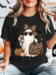 Halloween Short Sleeve Print Bow Coffee with Boo Jee Bag Ghost Print TShirt