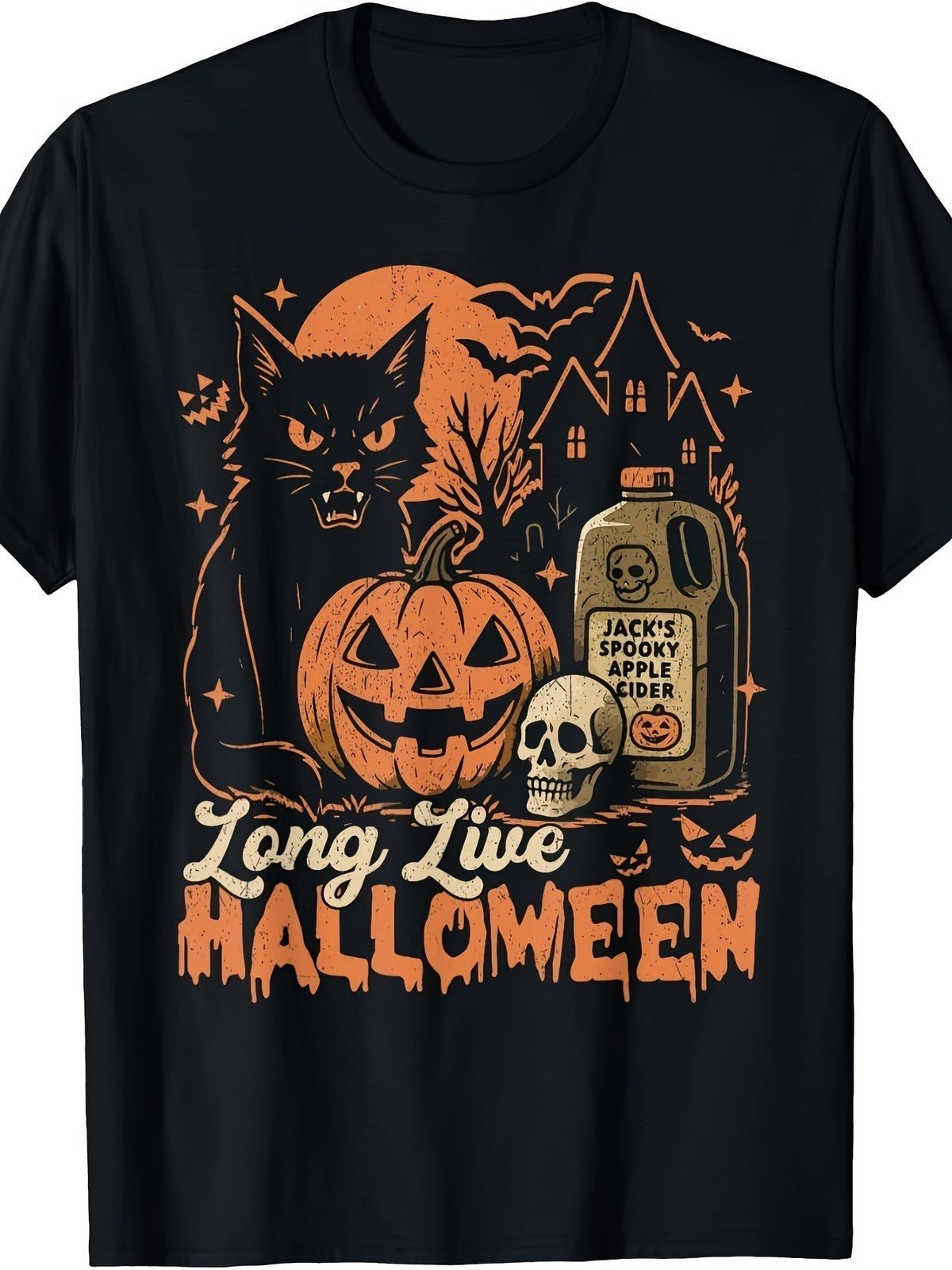 Vintage Long Live Halloween Cat Pumpkin Skull Haunted House Gift Unisex Tee