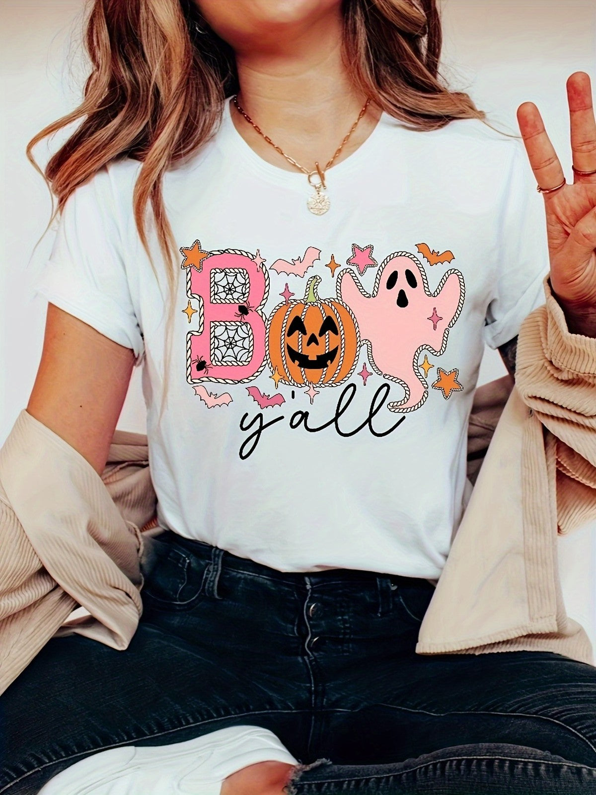 Boo Y'all Halloween Graphic TShirt Cute Pink Ghost Pumpkin Bat Short Sleeve Tee