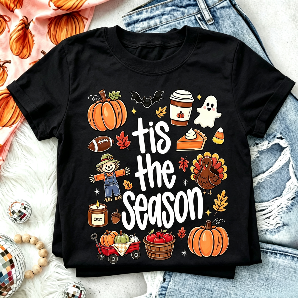 Tis The Season Tee Pumpkin Ghost Football Turkey Halloween Thanksgiving Shirt