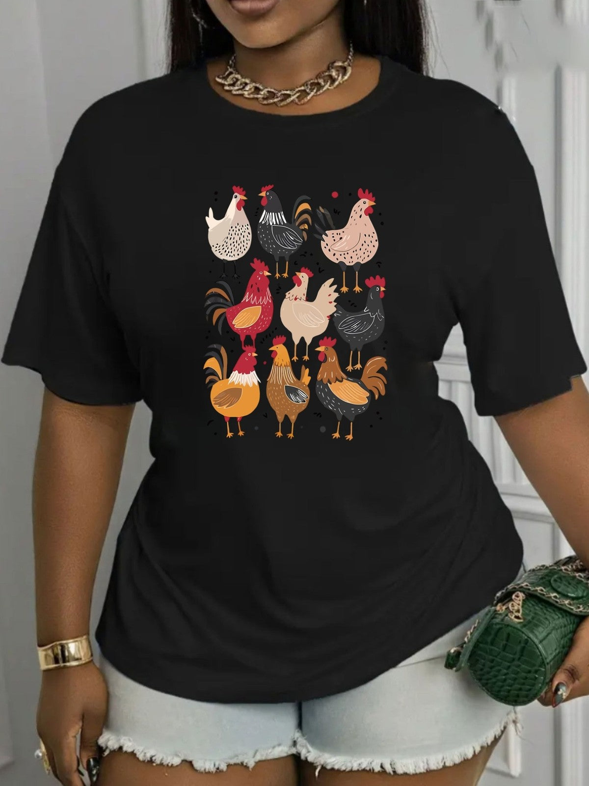 Fun Cartoon Rooster Farm Animals Printed Women'S Cute Casual Outdoor TShirt