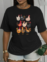 Fun Cartoon Rooster Farm Animals Printed Women'S Cute Casual Outdoor TShirt