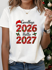 Women's Goodbye 2026 Hello 2027 T-Shirt Santa Hat New Year Christmas Graphic Tee
