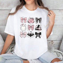 Halloween Graphic TShirt Cute Bow Ghost Pumpkin Bat Witch Hat Short Sleeve Tee