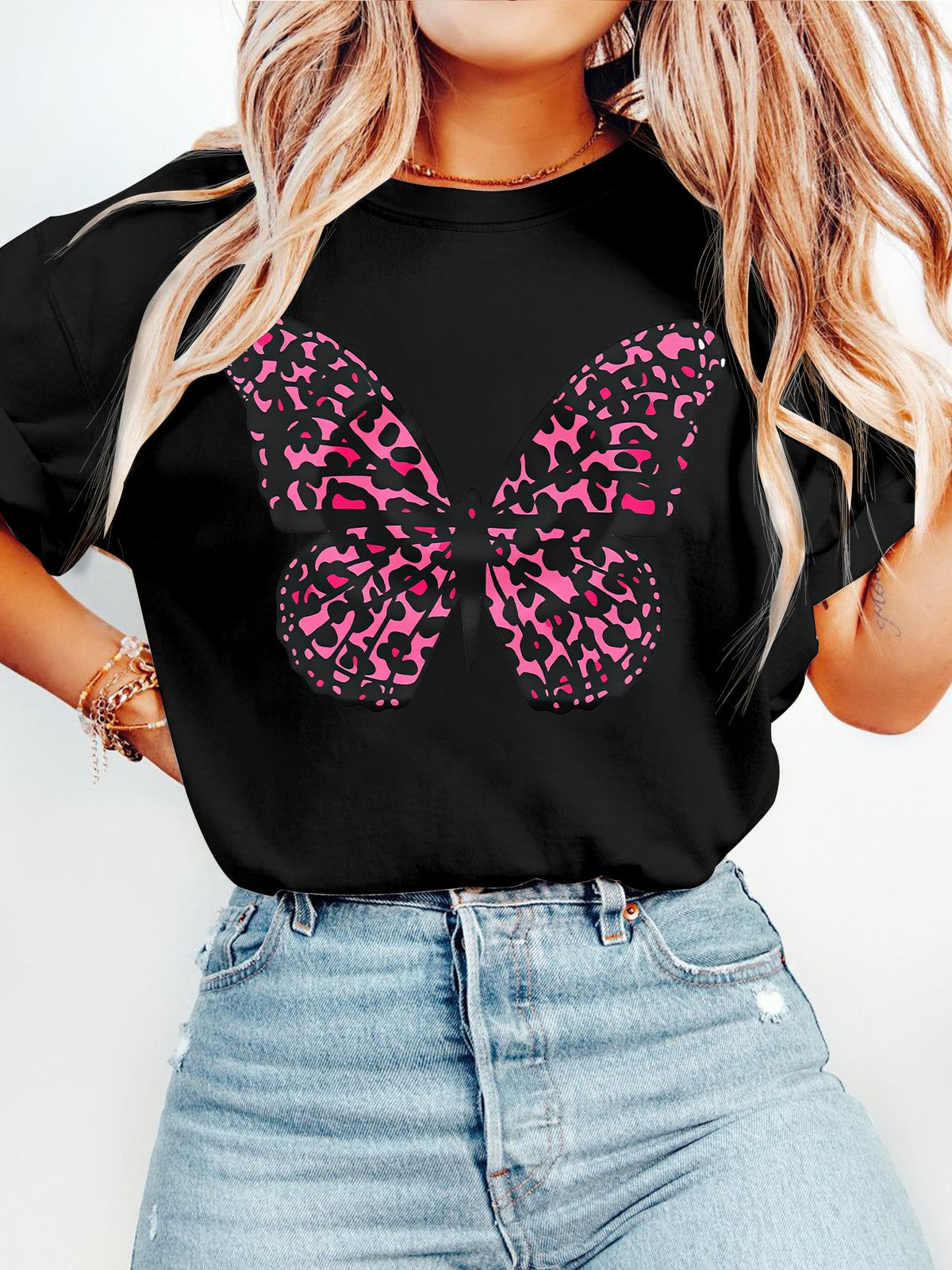 Black & Pink Leopard Print Butterfly Suitable Round Neck TShirt