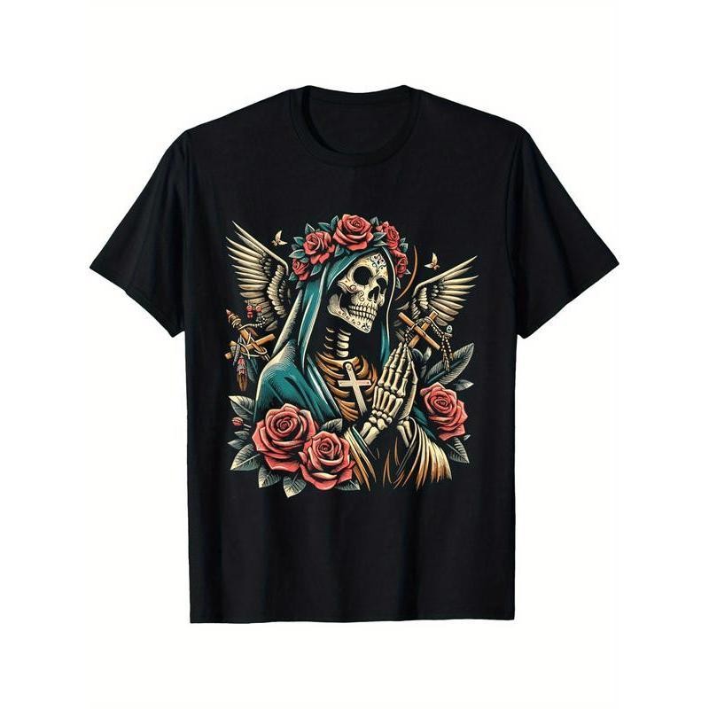 Retro Casual Graphic Print Short Sleeve - Skull Saint Death TShirt