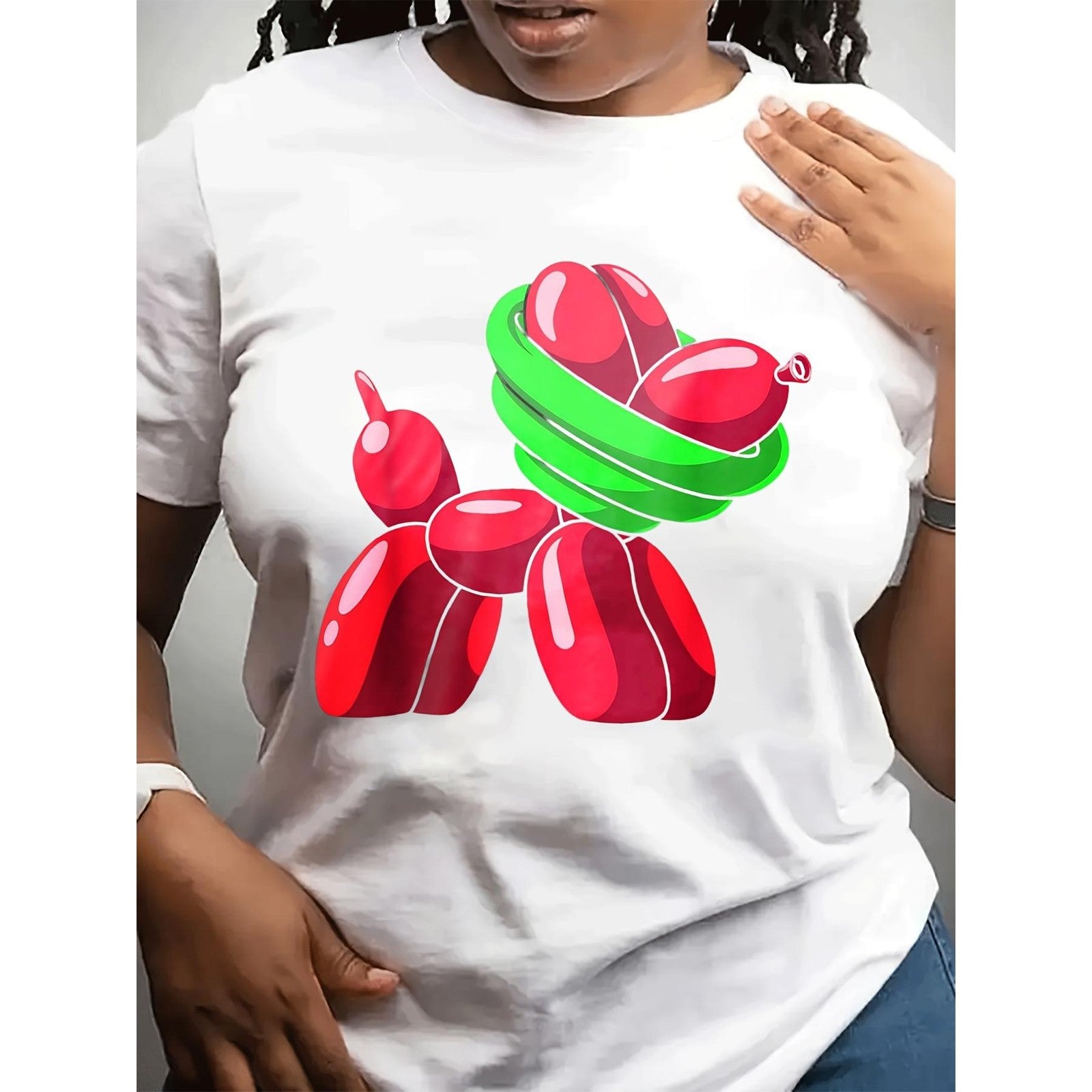 Red Balloon Dog Pattern Fun Couple Outfits Crew Neck Short Sleeve