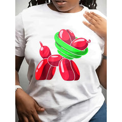 Red Balloon Dog Pattern Fun Couple Outfits Crew Neck Short Sleeve