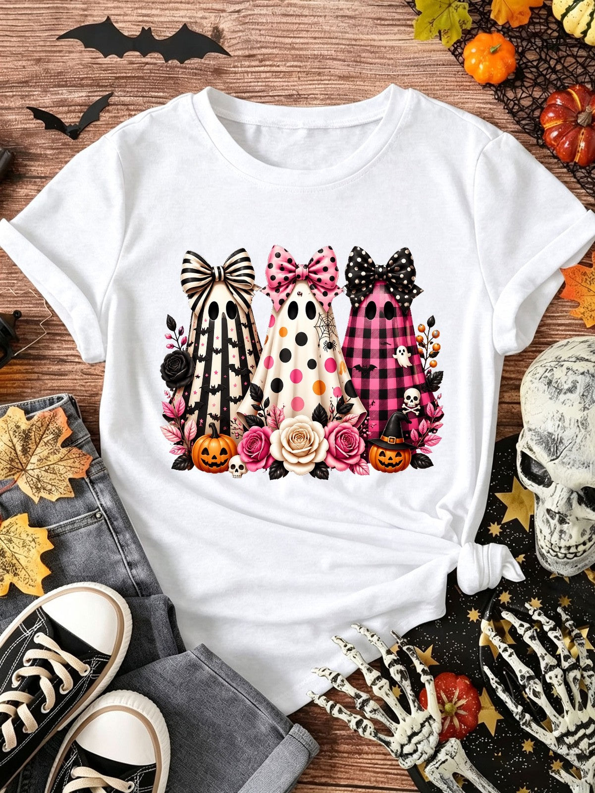 Cute Spooky Ghost Pumpkin Bow Halloween Pink Aesthetic Gift Graphic Unisex Tee