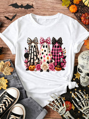 Cute Spooky Ghost Pumpkin Bow Halloween Pink Aesthetic Gift Graphic Unisex Tee