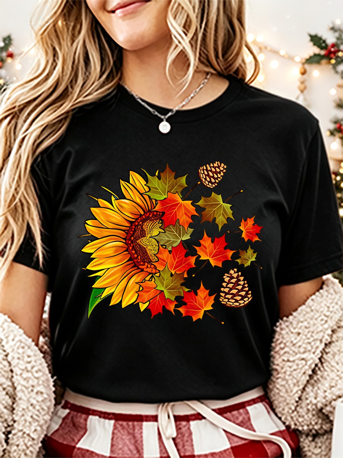 Pinecone and Autumn Leaf Print Vintage Crew Neck Casual Top