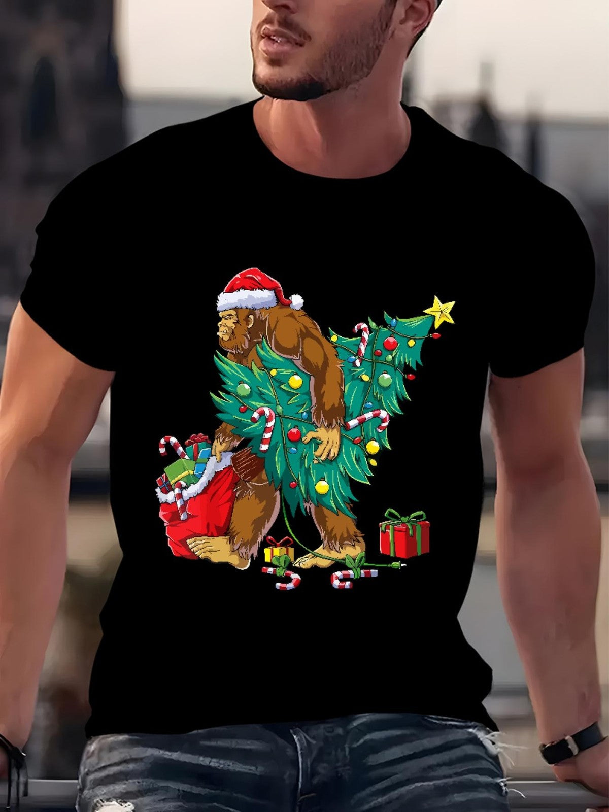 Christmas Sasquatch Inspired Print Short Sleeve Round Neck Summer Top