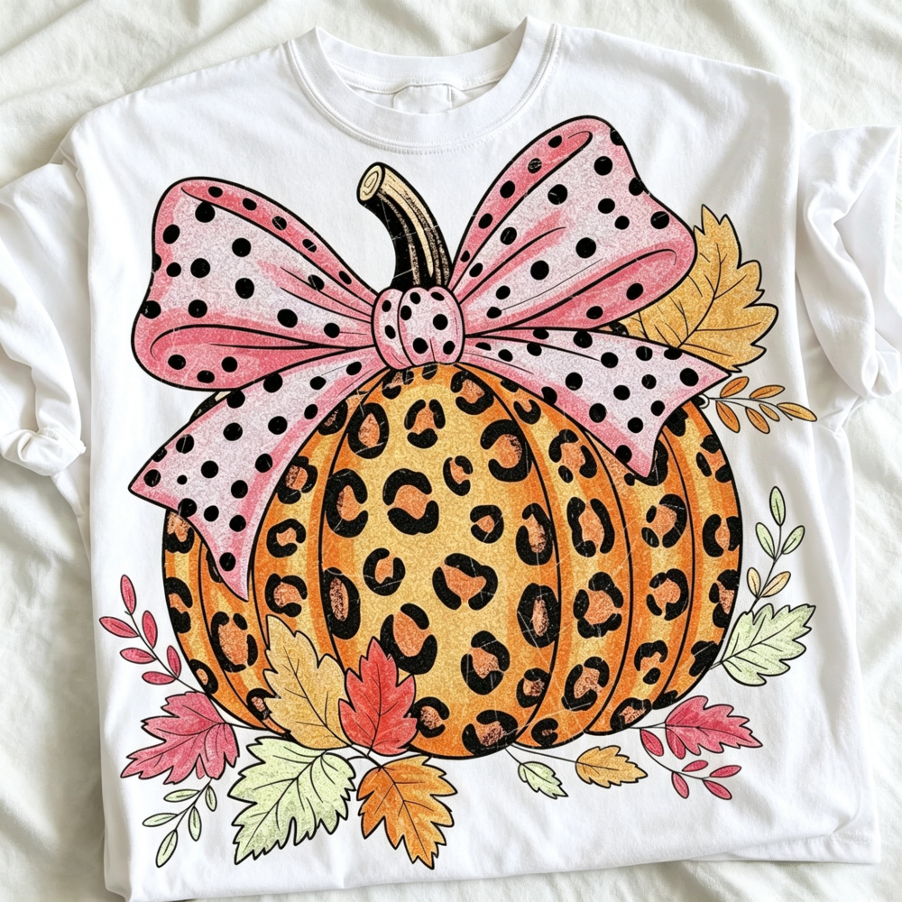 Casual Cheetah Print Pumpkin TShirt With Polka Dot Bow Cute Short Sleeve Top