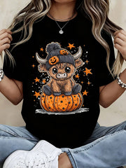 Women Casual Halloween T Shirt Cute Highland Cow Sitting On Pumpkin