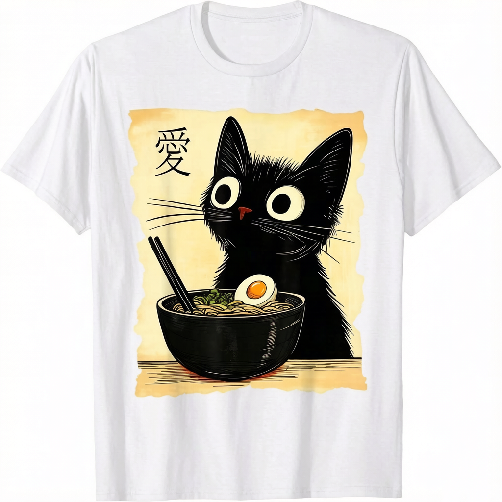 Funny Cat Ramen Graphic Tee Japanese Kawaii Anime Cat T-Shirt