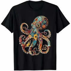 Vintage Floral Octopus T-Shirt, 100% Cotton