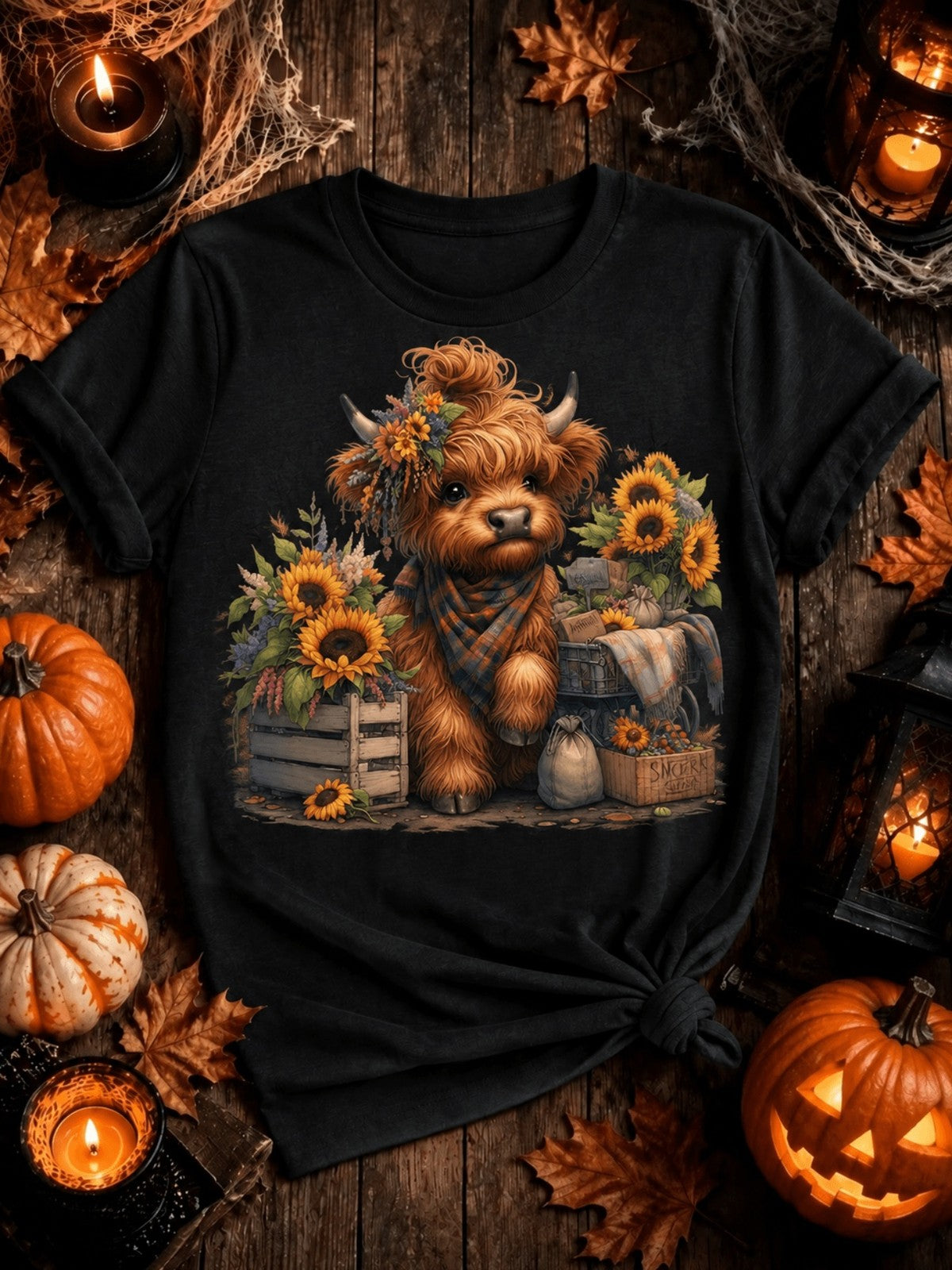 Highland Cow Fall Graphic TShirt Sunflower Autumn Pumpkin Farm Short Sleeve Tee