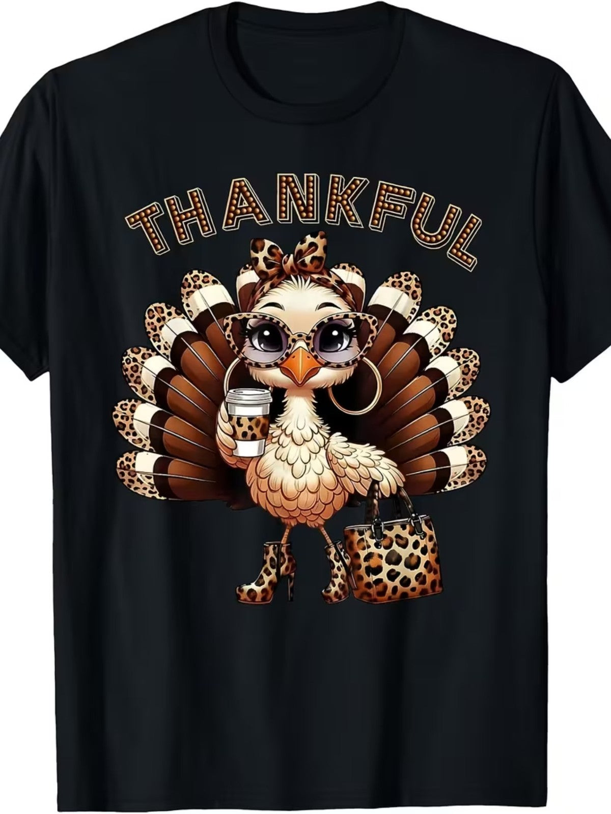 Thankful Leopard Print Turkey Gobble Fall Thanksgiving Foodie Graphic Unisex Tee