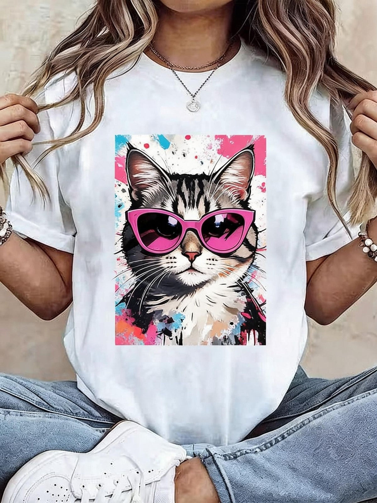 Cool Cat T-Shirt Pink Sunglasses Graffiti Art Print Cartoon Cat Lover Tee Top