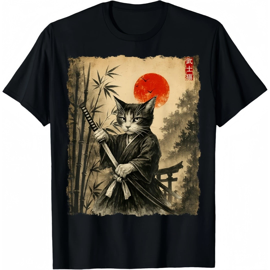 Samurai Cat Japanese Art Funny Graphic Tee Anime T-Shirt