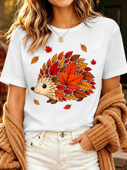 Hedgehog Autumn Leaves Print TShirt Round Neck Top