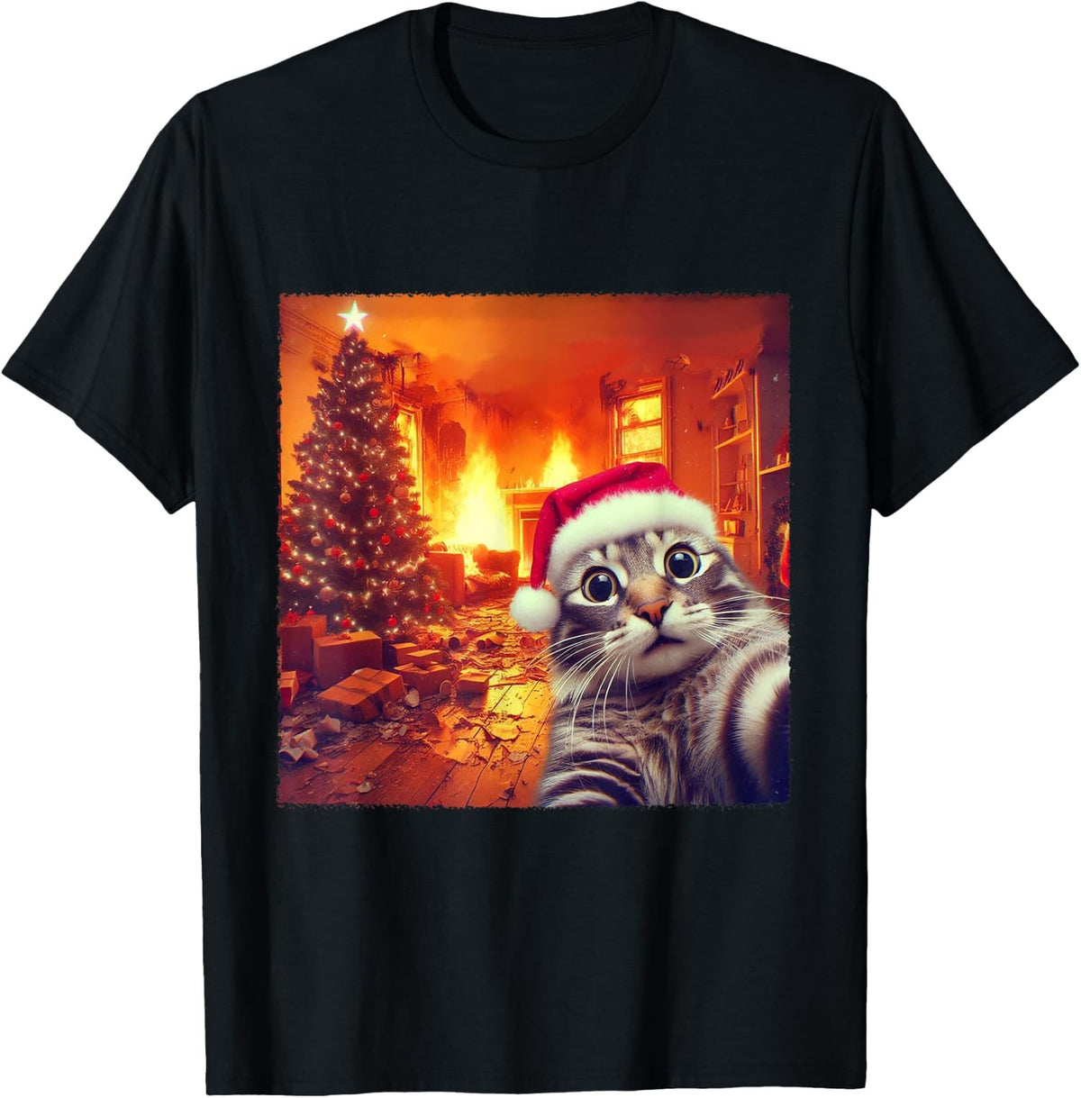 Christmas Cat Funny Santa Cat Selfie with Holiday Unisex T-Shirt