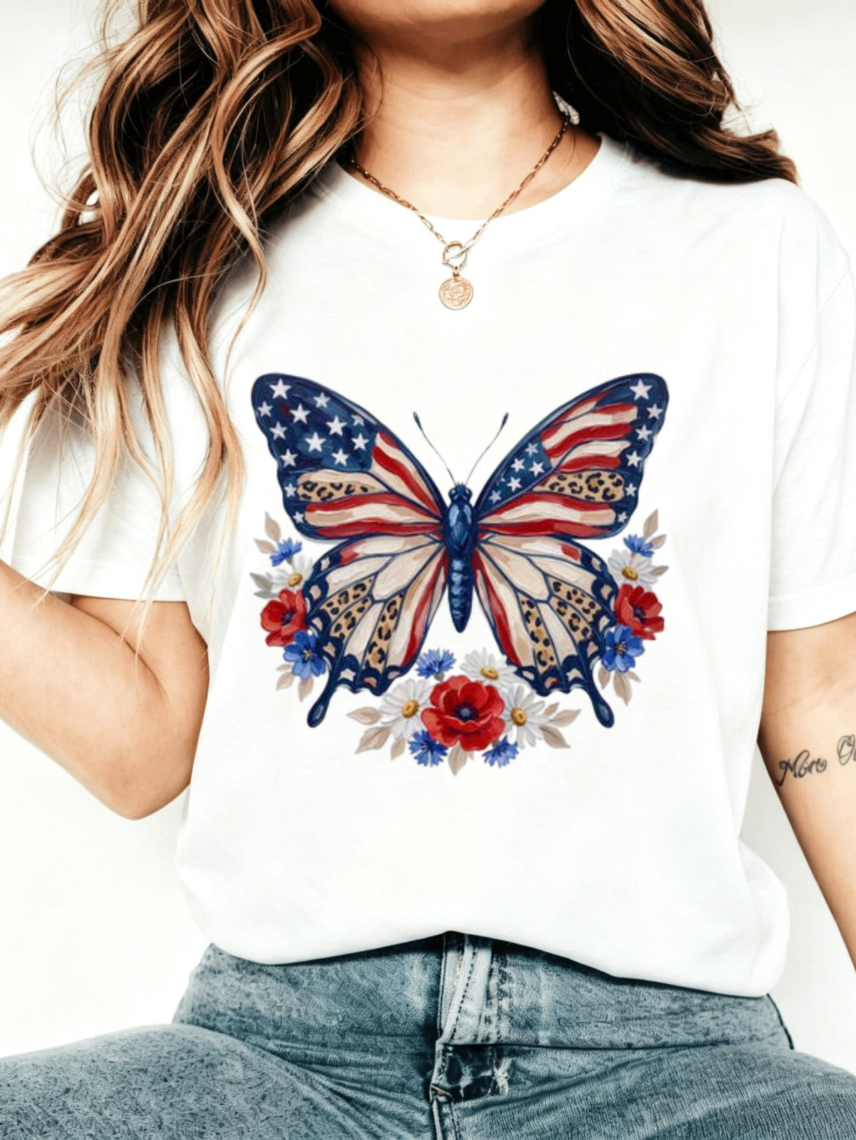 American Flag Butterfly Floral Print Casual Round Neck Short Sleeve T-Shirt